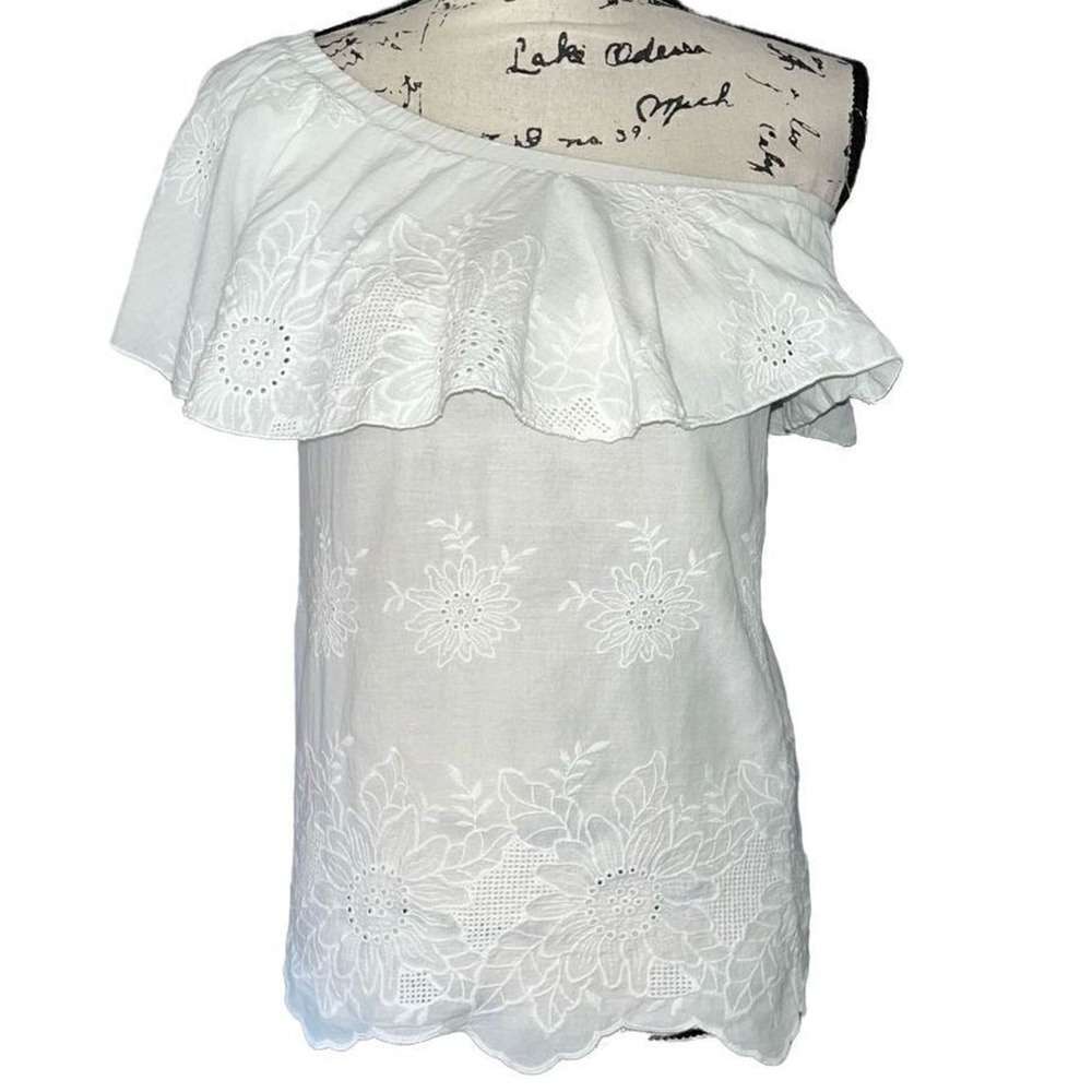 Allison Joy one shoulder embroidered‎ eyelet ruffle blouse XS